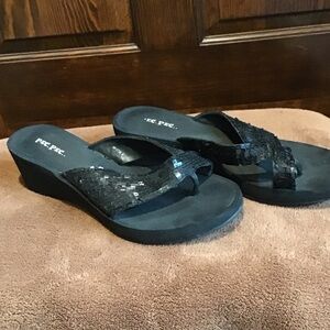 Sequin Wedge Flip-Flop Sandals for Women - Black